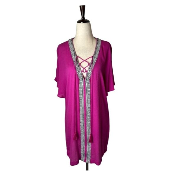 Piper Coverup Women XS Pink Embroidered Lace‎ Up Mini NWT Luxury Swim Beach - Picture 1 of 14